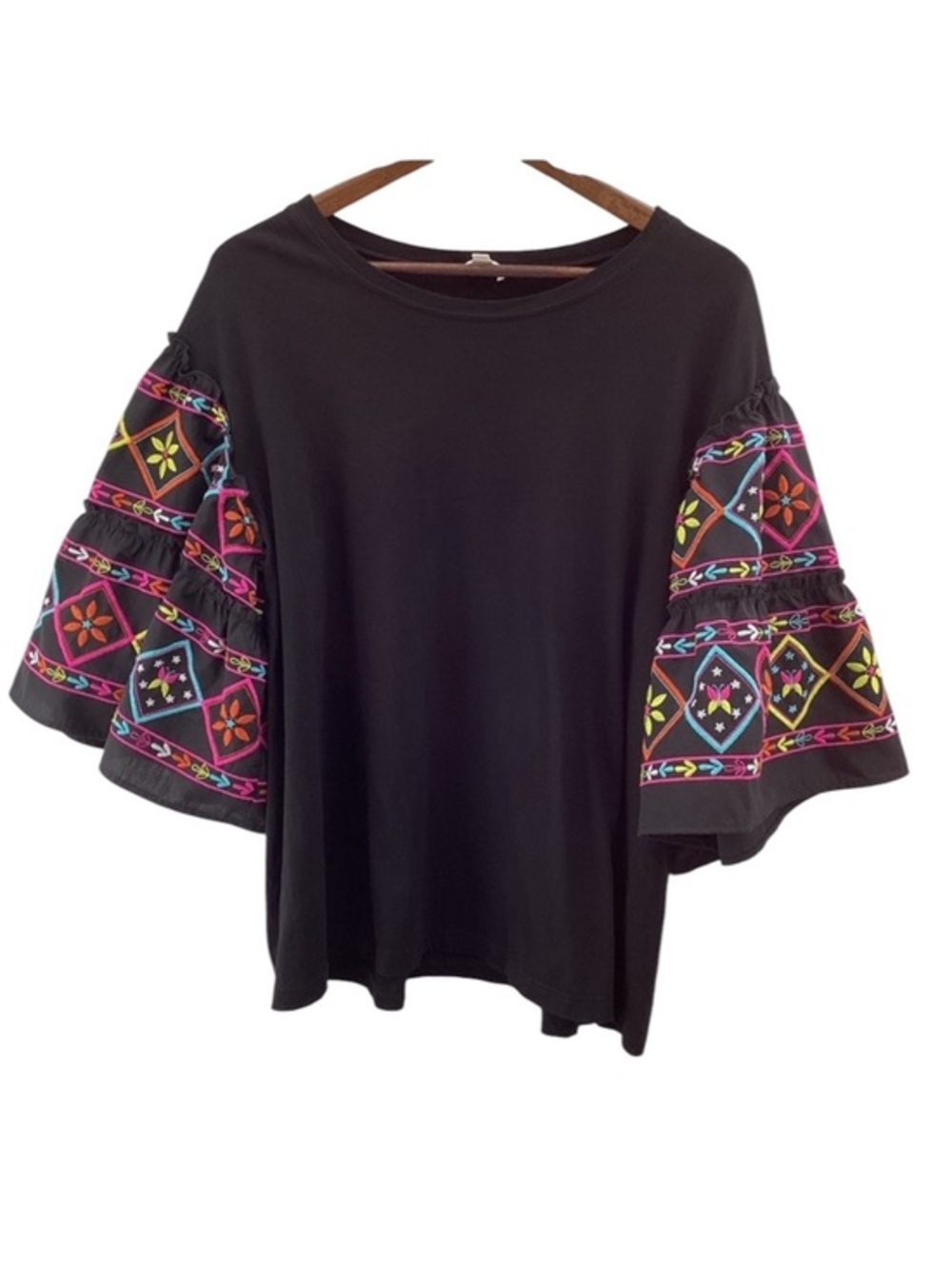 ODDY Black Blouse with Multicolor Embroidered Tiered Sleeves